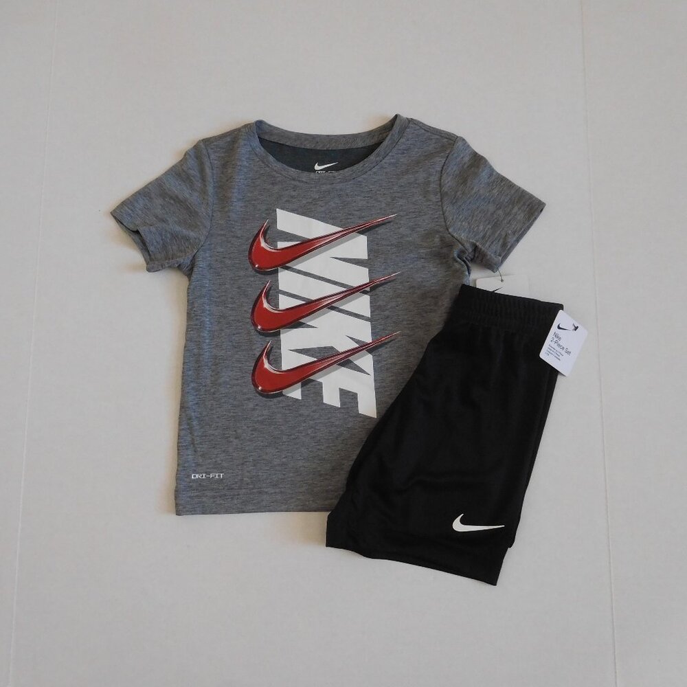 NWT 2pc Nike Gray Red Swoosh Shirt & Black Shorts sz 18 Months